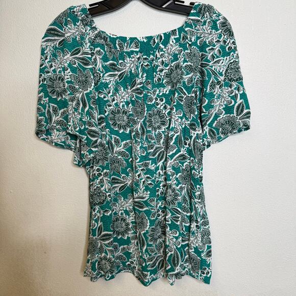 2/$25 Loft Turquoise Blue Floral Smocked Modest Paisley Feminine Blouse Medium - Picture 11 of 11